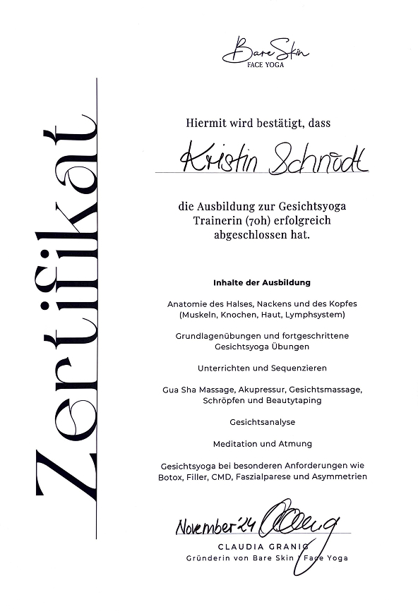 Face Yoga Zertifikat von Kristin Schnödt